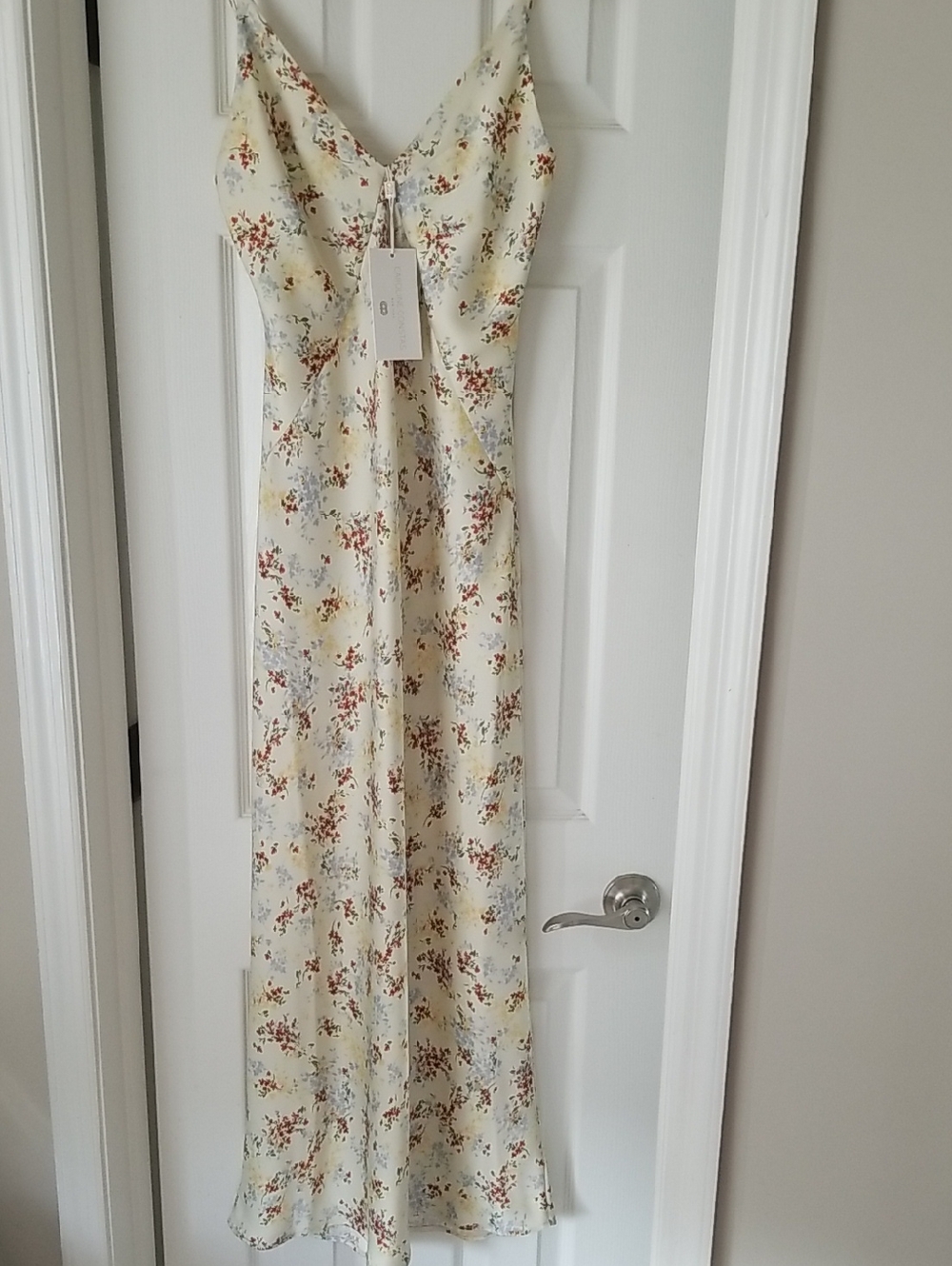 NEW! Caroline Constas Soft Cream Blossom Print Slip Dress with Spaghetti Straps